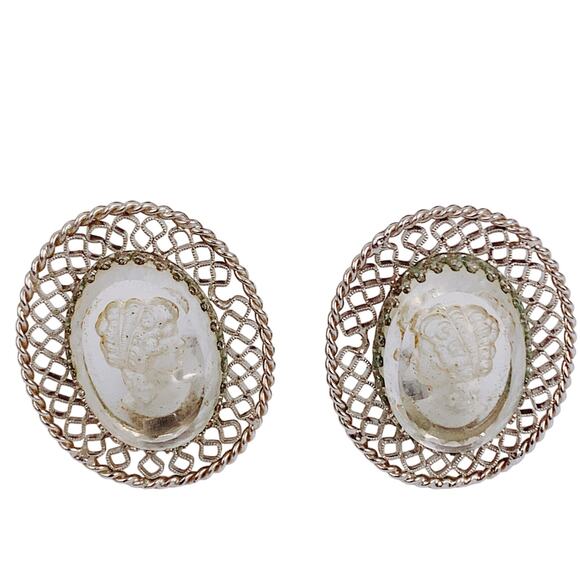 Vintage Whiting & Davis Cameo Clip-On Earrings, Filigree, 1950s Jewelry - Picture 1 of 12